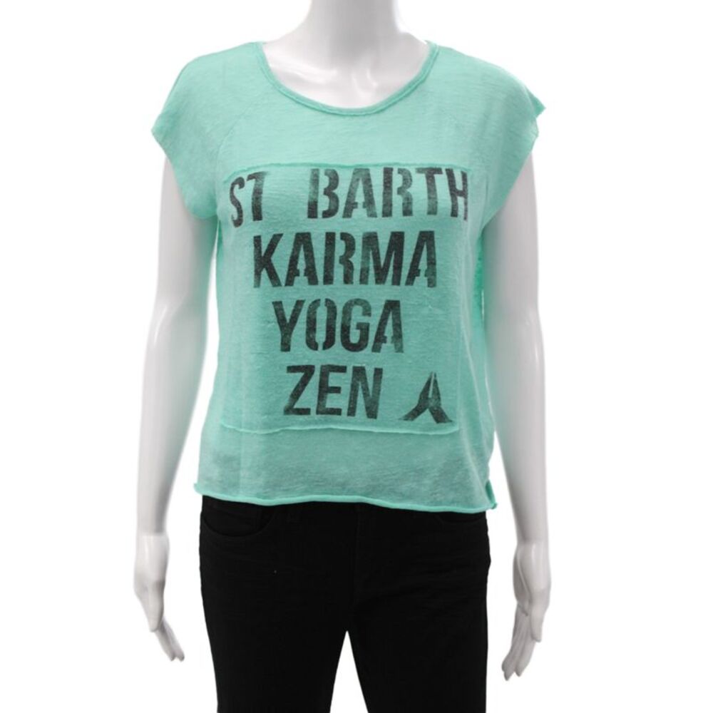 St.Barth Women Basic Linen Graphic T-Shirt Green Round Neck Yoga Size M